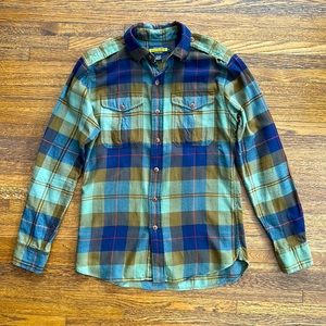 Rugby Ralph Lauren Men’s Blue and Green Plaid Flannel Shirt w/suede elbow patch
